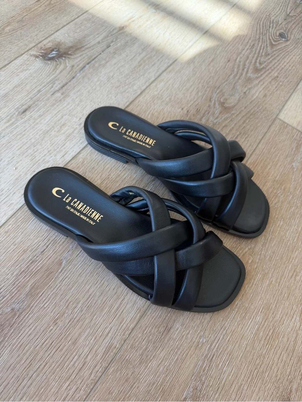 La CANADIENNE Black Braided Leather Slide Sandals